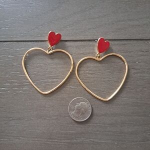 Gold Heart Earrings with Red Accents